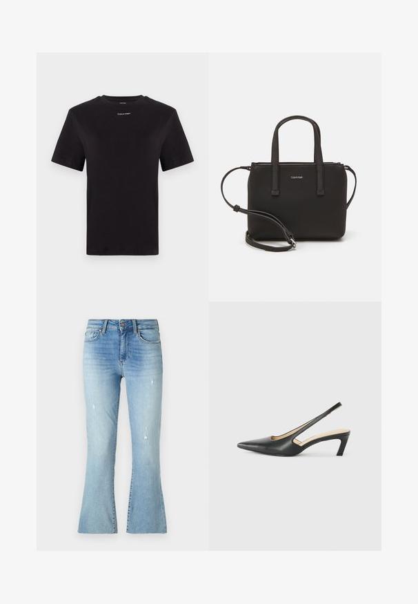 Camiseta de algodón negra con mangas cortas, cuello redondo y pequeño logo blanco de "Calvin Klein" en el pecho. Textura suave, corte clásico.; LIU JO AUTHENTIC FLY - Vaqueros bootcut - blue denim; Zapato negro de punta afilada tipo slingback con un tacón bajo, que presenta un material de cuero suave y un diseño recortado en el lateral para mayor transpirabilidad.; Bolso de mano negro con dos asas cortas y una correa de hombro removible. Material suave tipo cuero con cierre de cremallera y detalle del logo.