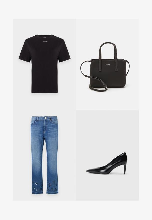 Must musta t-särk lühikeste käistega, ümberringi kaelusega ja väikese valge "Calvin Klein" logo'ga rinnal. Sile tekstuur, klassikaline lõige.; Sinine teksapüksid sirge lõikega, millel on lillelised lõikega kujundused ääres. Klassikaline viie taskuga stiil ning ees on nappide kinnihoidmiseks nupud.; Mustmust musta kõrge kontsaga king, millel on terav varvas, sile tekstuur ja kitsenev konts. Minimalistlik disain, ilma täiendavate kaunistusteta.; Musthave mustrans vöö ja eemaldatav õlarihm. Gludike nahk siledaga, millel on tõmblukk ja logo detail.