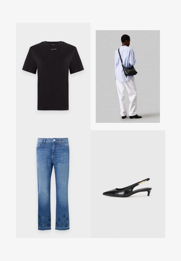 Čierne bavlnené tričko s krátkymi rukávmi, klasickým výstrihom a malým bielym logom "Calvin Klein" na hrudi. Hladká textúra, klasický strih.; Modré denimové džínsy so rovnými nohavicami, s vykrojenými kvetinovými vzormi na leme. Klasický strih s piatimi vreckami a zapínaním na gombík vpredu.; Čierne kožené slingback opätky s špicatou špičkou, s úzkym opätkom a zlatým detailom na nastaviteľnom remienku. Hladká textúra.; Čierna kožená ramenná taška so mäkkou textúrou, trojuholníkovým tvarom a nastaviteľným popruhom, skombinovaná s svetlomodrou pruhovanou košeľou a bielymi nohavicami.