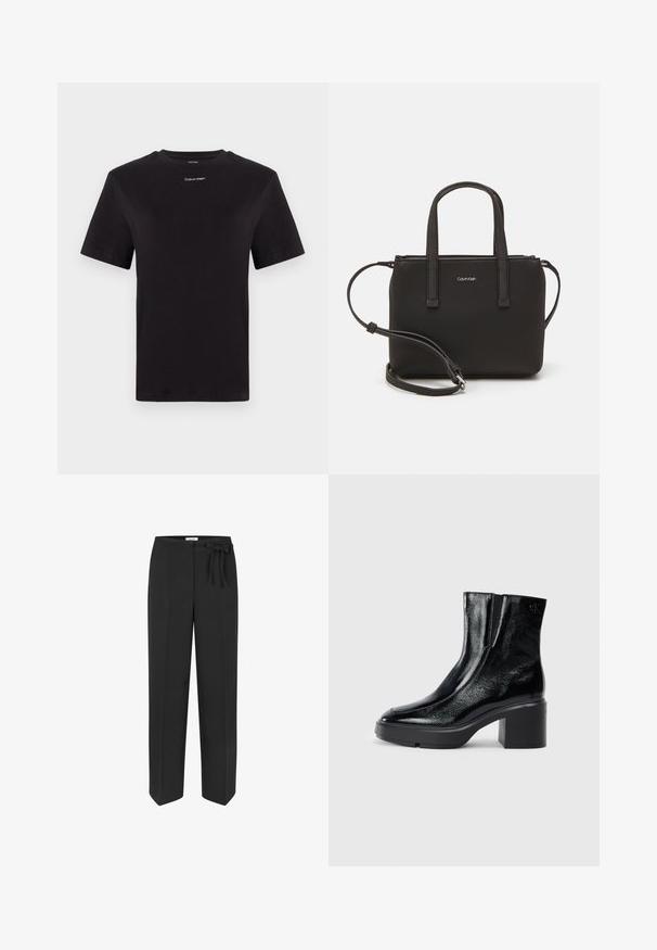 Black cotton t-shirt with short sleeves, crew neck, and small white "Calvin Klein" logo at the chest. Smooth texture, classic fit.; Black, high-waisted trousers with a tie belt detail. Made from smooth fabric, featuring a straight-leg design and two front pockets.; Black patent leather ankle boots with a curved toe, elastic side panels, and a chunky block heel. Features embossed logo on the back.; Black handbag with dual short handles and a removable shoulder strap. Smooth leather-like material with a zip closure and logo detail.