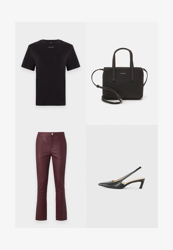 Schwarzes Baumwoll-T-Shirt mit kurzen Ärmeln, Rundhalsausschnitt und kleinem weißen "Calvin Klein"-Logo auf der Brust. Glatte Textur, klassischer Schnitt.; Burgunderfarbene Kunstlederhosen mit schlanker Passform, ausgestelltem Saum, Fronttaschen und einer Metallknopf-Verschluss am Bund. Glatte Textur.; Schwarzer spitz zulaufender Slingback-Schuh mit niedrigem Absatz, der aus glattem Leder gefertigt ist und seitliche Ausschnitte für Atmungsaktivität aufweist.; Schwarze Handtasche mit zwei kurzen, doppelt geflochtenen Griffen und einem abnehmbaren Schulterriemen. Glattes, lederähnliches Material mit einem Reißverschluss und Logodetail.
