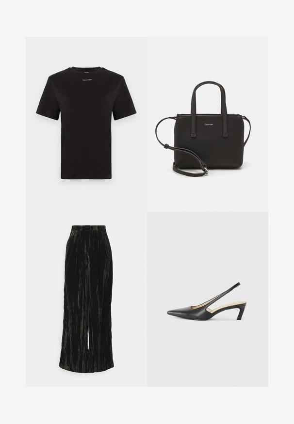 Čierne bavlnené tričko s krátkymi rukávmi, klasickým výstrihom a malým bielym logom "Calvin Klein" na hrudi. Hladká textúra, klasický strih.; Čierne široké nohavice s plisovaním, vyrobené z textúrovaného materiálu, s vertikálnymi pruhmi a pásom bez viditeľného kovania.; Čierne slingback topánky s ostrou špičkou a nízkym opätkom, vyrobené z hladkej kože a s výrezmi na boku pre lepšiu priedušnosť.; Čierna kabelka s dvojitými krátkymi rúčkami a odnímateľným ramenným popruhom. Hladký materiál podobný koži s uzatváraním na zips a detailom loga.