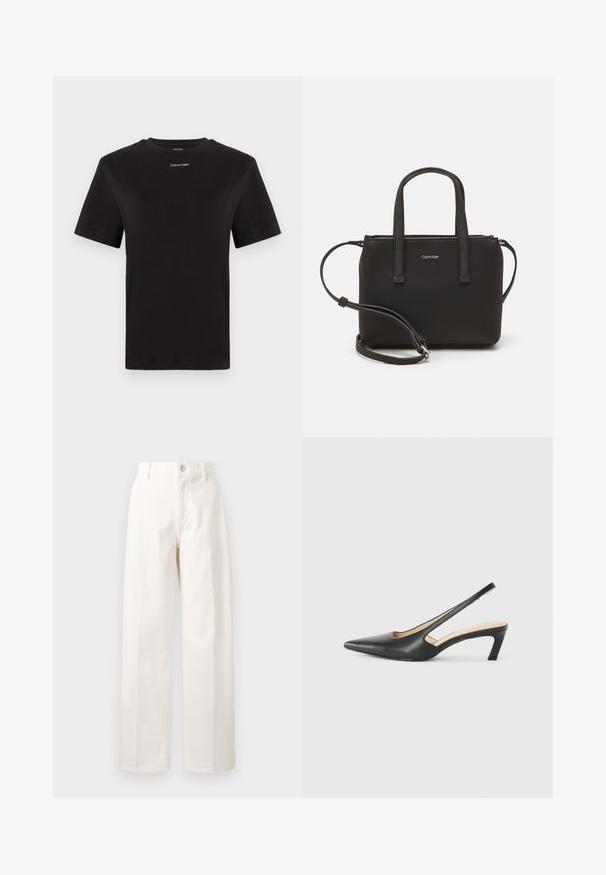 Black cotton t-shirt with short sleeves, crew neck, and small white "Calvin Klein" logo at the chest. Smooth texture, classic fit.; White wide-leg pants made of cotton, featuring a front button closure, belt loops, and straight cut with no visible patterns.; Black pointy-toed slingback shoe with a low heel, featuring smooth leather material and cut-out design on the side for breathability.; Black handbag with dual short handles and a removable shoulder strap. Smooth leather-like material with a zip closure and logo detail.