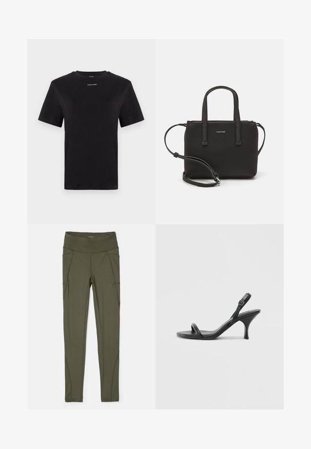 Black cotton t-shirt with short sleeves, crew neck, and small white "Calvin Klein" logo at the chest. Smooth texture, classic fit.; Olive green leggings made from stretchy fabric, featuring a high waistband, side pockets, and seamless stitching for a smooth appearance.; Black leather high-heeled sandals with a slim, curved heel and a crossed strap design. Adjustable ankle strap. Smooth texture.; Black handbag with dual short handles and a removable shoulder strap. Smooth leather-like material with a zip closure and logo detail.
