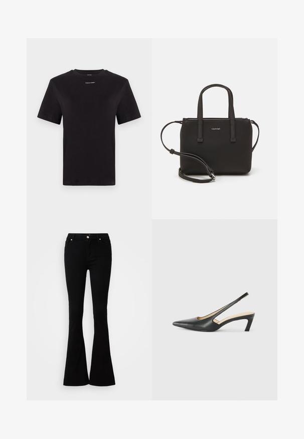 Črna bombažna majica s kratkimi rokavi, okroglim izrezom in majhnim belim logotipom "Calvin Klein" na prsih. Gladka tekstura, klasičen kroj.; Črne zvonaste kavbojke iz denima z gladko teksturo, z gumbom za zapiranje, dvema sprednjima žepoma in preprostim dizajnom.; Črne čevlje s koničastimi nosovi in slingback obliko z nizko peto, izdelane iz gladke usnjene materiale ter s črtasto zasnovo na strani za prezračevanje.; Črna torbica z dvema kratkima ročajema in odstranljivim naramnim trakom. Gladek usnju podoben material z zadrgo in podrobnostmi z logotipom.