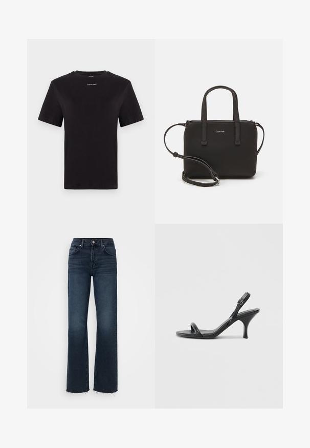 T-shirt noir en coton à manches courtes, col rond, avec un petit logo blanc "Calvin Klein" sur la poitrine. Texture lisse, coupe classique.; Jeans en denim bleu foncé avec une taille haute, une coupe large, un design classique à cinq poches et un détail d'ourlet effiloché au bas.; Sandales à talons hauts en cuir noir avec un talon fin et courbé et un design de brides croisées. Bride de cheville réglable. Texture lisse.; Sac à main noir avec deux poignées courtes et une bandoulière amovible. Matière lisse semblable à du cuir avec une fermeture éclair et un détail de logo.