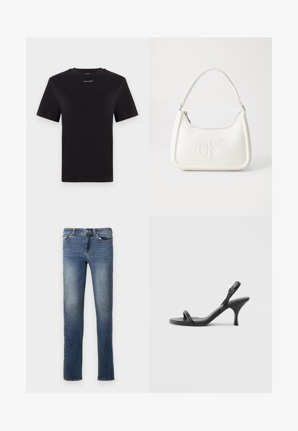 Fekete pamut póló rövid ujjakkal, kerek nyakkivágással és kis fehér "Calvin Klein" logóval a mellkasnál. Simás textúra, klasszikus fazon.; Sötétkék farmernadrág egyenes szabással. Övhurkokkal, két elülső zsebével és enyhe kopással rendelkezik. Klasszikus öt-zsebes kialakítású.; Fekete bőrből készült, magassarkú szandál, vékony, ívelt sarokkal és keresztben átkötött pántokkal. Állítható bokapánt. Sima felület.; Fehér bőrtáska ívelt formájú, elöl feltűnő "CK" logóval, egyetlen vállpánttal. Cipzáras zárás a tetején.