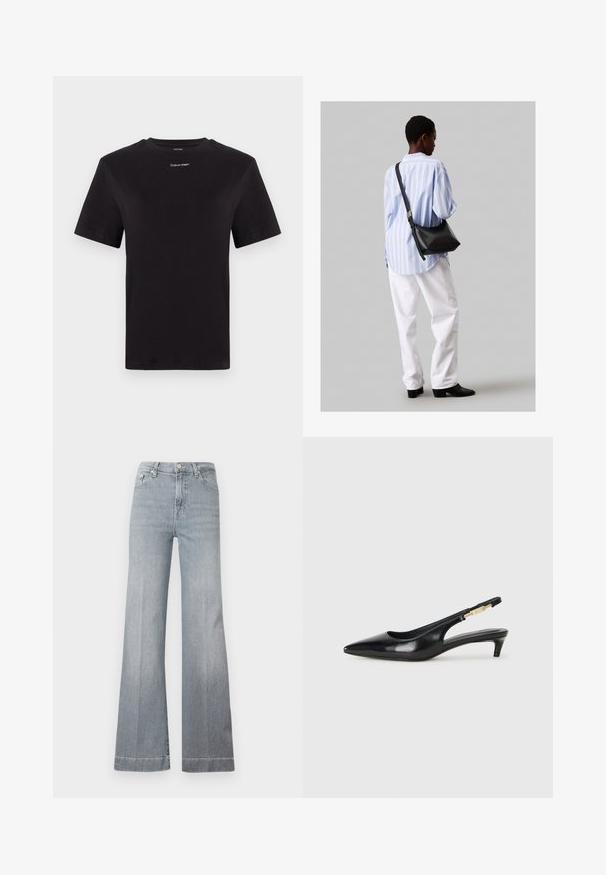 T-shirt in cotone nero con maniche corte, colletto a girocollo e piccolo logo bianco "Calvin Klein" sul petto. Texture liscia, vestibilità classica.; Jeans in denim grigio chiaro a vita alta e a gamba svasata. Presentano cinque tasche, una chiusura frontale con bottone e un orlo pulito con un leggero sbiadimento sulle gambe.; Tacchi slingback in pelle nera con punta affusolata, caratterizzati da un tacco alto e un accento dorato sulla cinghia regolabile. Texture liscia.; Borsa a tracolla in pelle nera con una texture morbida, forma triangolare e tracolla regolabile, abbinata a una camicia a righe blu chiaro e pantaloni bianchi.