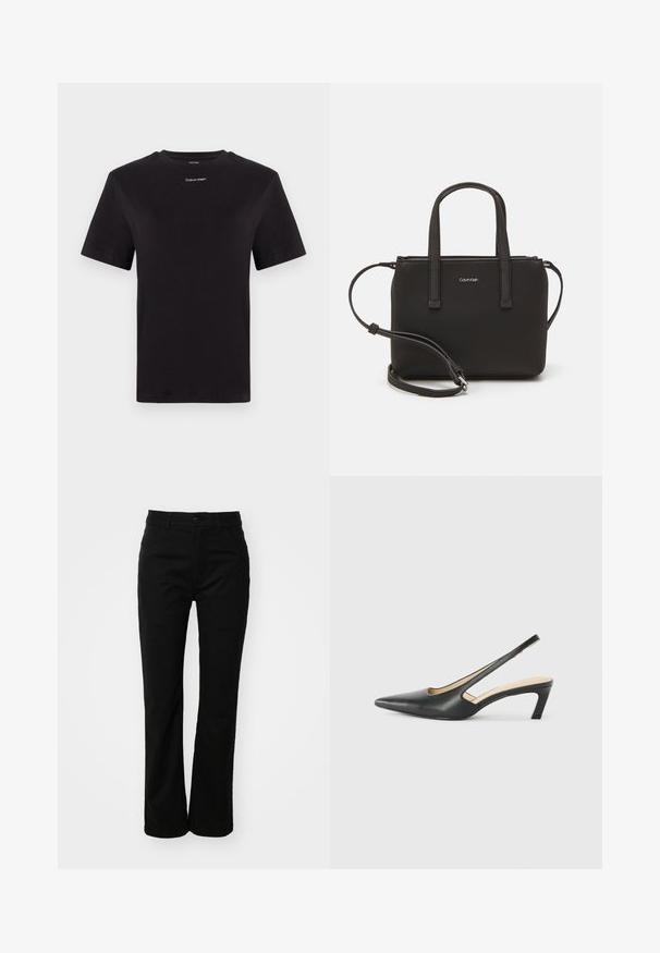 Melna kokvilnas T-kreklu ar īsām piedurknēm, apaļu kakla izgriezumu un nelielu baltu "Calvin Klein" logotipu krūtīs. Gluda tekstūra, klasiskā piegriezuma.; Melni kokvilnas bikses ar taisnu kāju dizainu, kas aprīkotas ar priekšējo pogu aizdari, jostas cilpām un divām sānu kabatām. Gluda tekstūra.; Melna, ar smailu purngalu, slingback kurpe ar zemu papēdi, izgatavota no gludas ādas materiāla un ar izgriezumiem sānos gaisa caurlaidībai.; Melns roku soma ar divām īsām rokturiem un noņemamu plecu siksnu. Gluda ādas līdzīga materiāla ar rāvējslēdzēja aizdari un logos detaļu.