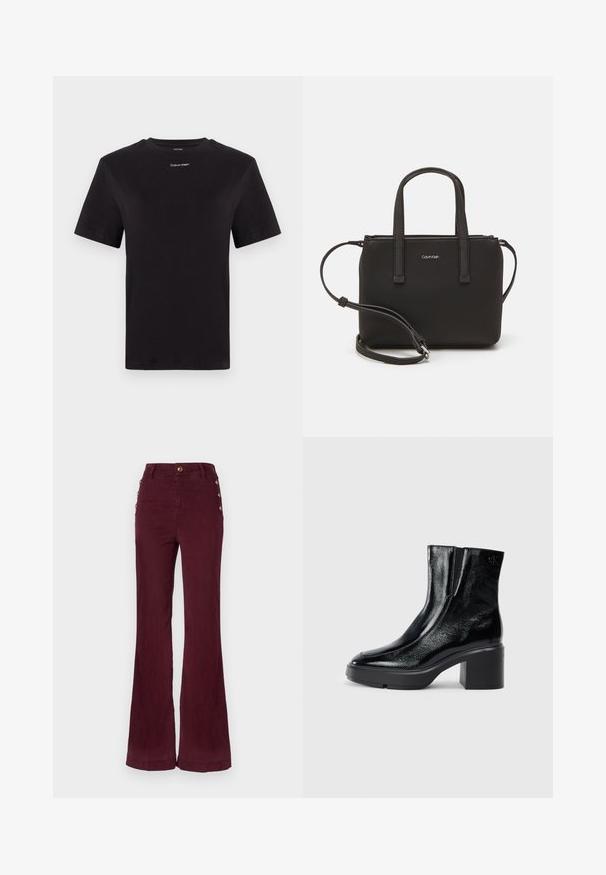 Černé bavlněné tričko s krátkými rukávy, kulatým výstřihem a malým bílým logem "Calvin Klein" na hrudi. Hladká textura, klasický střih.; Kalhoty s vysokým pasem a rozšířenými nohavicemi v barvě vínového bavlněného materiálu, s zlatými knoflíky na boku, hladkým povrchem a precizním šitím.; Černé lakované kotníkové boty s zakřivenou špičkou, elastickými bočními panely a robustním blokovým podpatkem. Na zadní straně se nachází embosované logo.; Černá kabelka s dvojitými krátkými uchy a odnímatelným ramenním popruhem. Hladký koženkový materiál s uzávěrem na zip a detailem loga.