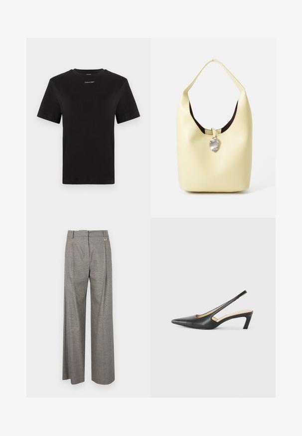Svart bomull T-skjorte med korte ermer, rund hals og liten hvit "Calvin Klein" logo på brystet. Glatt tekstur, klassisk passform.; Grå rutete vidde bukser med høy livvidde, frontfolder og gullfarget detalj på midjebåndet. Teksturert stoff.; Svart spiss tå slingback-sko med lav hæl, laget av jevnt skinnmateriale og med utskåret design på siden for pusteevne.; Hobo veske i myk gul lær med en avrundet form. Har en glatt overflate, mørk innvendig fôr og et sølvfarget detalj ved lukking.
