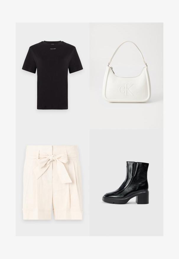 Svart bomull T-skjorte med korte ermer, rund hals og liten hvit "Calvin Klein" logo på brystet. Glatt tekstur, klassisk passform.; Beige høy midje shorts med knyttet belte, plissédesign og oppbrettede mansjetter i lett stoff.; Sorte lakkskinn ankelstøvler med buet tå, elastiske sidestykker og en chunky klossheel. Har preget logo på baksiden.; Hvit lærveske med en buet fasong, med et preget "CK"-logo på forsiden og en enkel skulderstropp. Glidelåslukking på toppen.