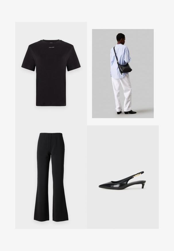 Μαύρη βαμβακερή μπλούζα με κοντά μανίκια, στρογγυλή λαιμόκοψη και λευκό μικρό λογότυπο "Calvin Klein" στο στήθος. Λείο ύφασμα, κλασική γραμμή.; Μαύρο φλαρέ παντελόνι σε λείο, ελαστικό ύφασμα, με ψηλή μέση και καθαρή, κομμένη γραμμή χωρίς τσέπες ή διακοσμητικά στοιχεία.; Μαύρες δερμάτινες γόβες slingback με μυτερή μύτη, διαθέτοντας λεπτό τακούνι και χρυσή λεπτομέρεια στην ρυθμιζόμενη λωρίδα. Λείος υφές.; Μαύρη δερμάτινη τσάντα ώμου με απαλή υφή, τριγωνικό σχήμα και ρυθμιζόμενο λουρί, συνδυασμένη με ένα ανοιχτό μπλε ριγέ πουκάμισο και λευκό παντελόνι.