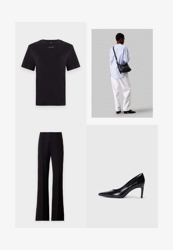 Juodas medvilninis marškinėliai trumpomis rankovėmis, apykaklė, su mažu baltu "Calvin Klein" logotipu krūtinėje. Lygus paviršius, klasikinis siluetas.; Juodos platėjantys kelnės, pagamintos iš lygaus audinio, su priekine klostele, aukštu liemeniu ir pritaikytu dizainu, siekiant sukurti elegantišką siluetą.; Juodas odinis aukštakulnis batelis su smailiu pirštu, lygiu paviršiumi ir siauru kulnu. Minimalistinis dizainas, jokių papildomų puošmenų.; Juodas odinis petinis krepšys su minkšta tekstūra, trikampiu pavidalu ir reguliuojama juosta, derinamas su šviesiai mėlynu dryžuotu marškinėliu ir baltais džinsais.