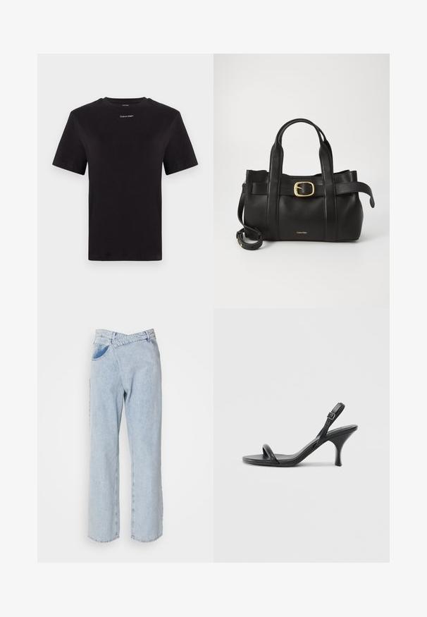 Melna kokvilnas T-kreklu ar īsām piedurknēm, apaļu kakla izgriezumu un nelielu baltu "Calvin Klein" logotipu krūtīs. Gluda tekstūra, klasiskā piegriezuma.; Gaisblue denim bikses ar brīvu piegriezumu, platiem galiem, redzamām šuvēm un jostas cilpiņām. Iespējo divas sānu kabatas.; Melnas ādas augstpapēžu sandales ar plānu, izliekta formas papēdi un krustenisku siksnu dizainu. Regulējama potītes siksna. Gluda tekstūra.; Melnas ādas rokassoma ar strukturētu dizainu, divām augšējām rokturām, zelta toņa sprādzes akcentu un iegravētu zīmola logo priekšpusē.