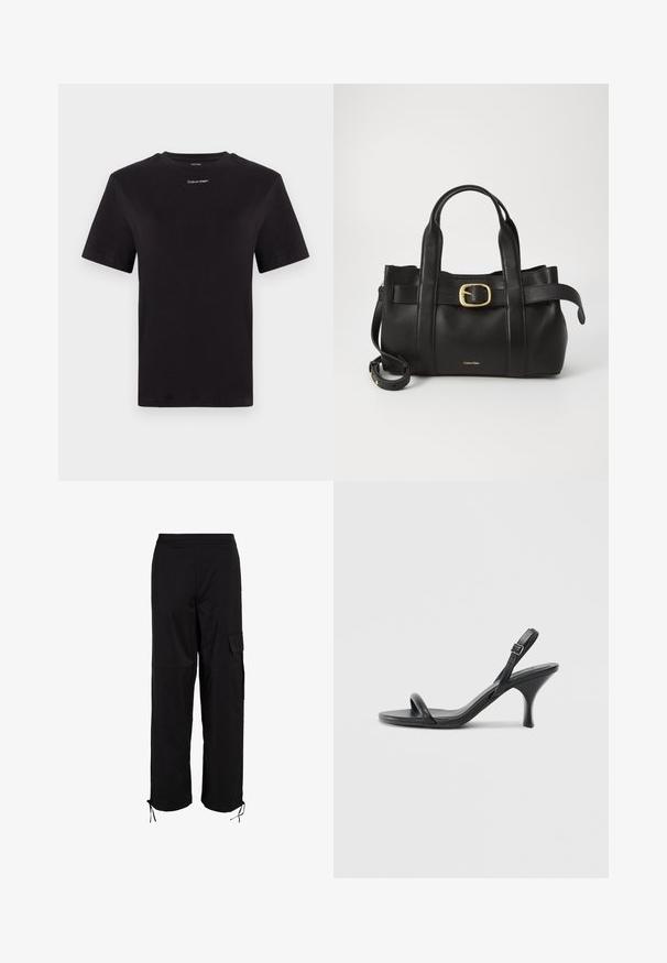 Black cotton t-shirt with short sleeves, crew neck, and small white "Calvin Klein" logo at the chest. Smooth texture, classic fit.; Black cargo pants featuring an elastic waistband, side pocket, and adjustable drawstring hems. Made of durable, textured fabric.; Black leather high-heeled sandals with a slim, curved heel and a crossed strap design. Adjustable ankle strap. Smooth texture.; Black leather handbag featuring a structured design, dual top handles, gold-tone buckle accent, and embossed brand logo at the front.