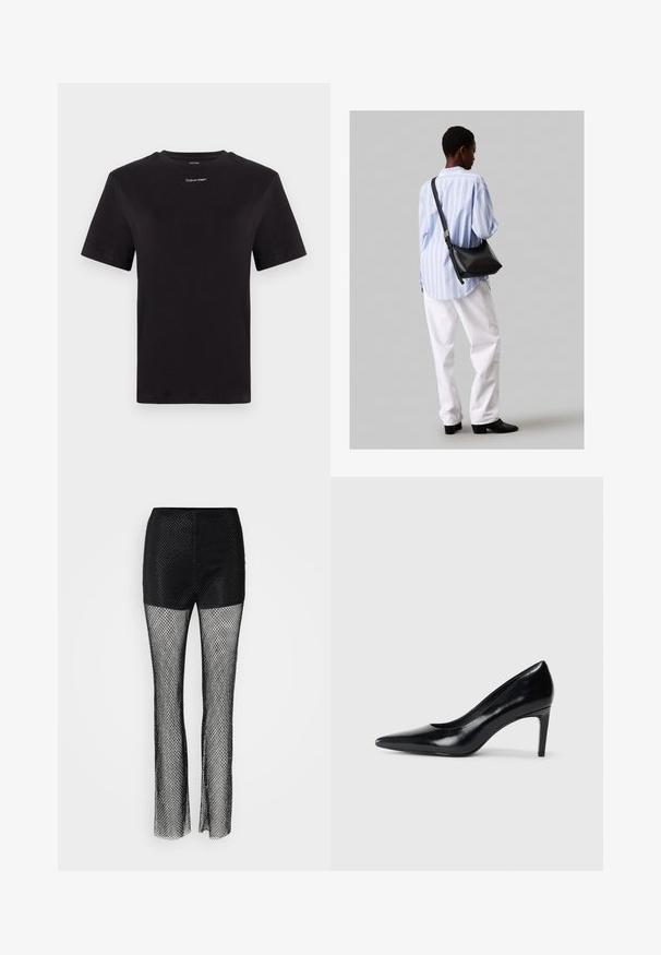 Čierne bavlnené tričko s krátkymi rukávmi, klasickým výstrihom a malým bielym logom "Calvin Klein" na hrudi. Hladká textúra, klasický strih.; Čierne pančuchové nohavice s pevným horným dielom, so širokým strihom a textúrovanou sieťovinou po celom povrchu.; Čierna kožená vysoká topánka s ihlovým podpätkom a špičatou špicou, hladkou textúrou a zúženým podpätkom. Minimalistický dizajn, bez ďalších ozdôb.; Čierna kožená ramenná taška so mäkkou textúrou, trojuholníkovým tvarom a nastaviteľným popruhom, skombinovaná s svetlomodrou pruhovanou košeľou a bielymi nohavicami.