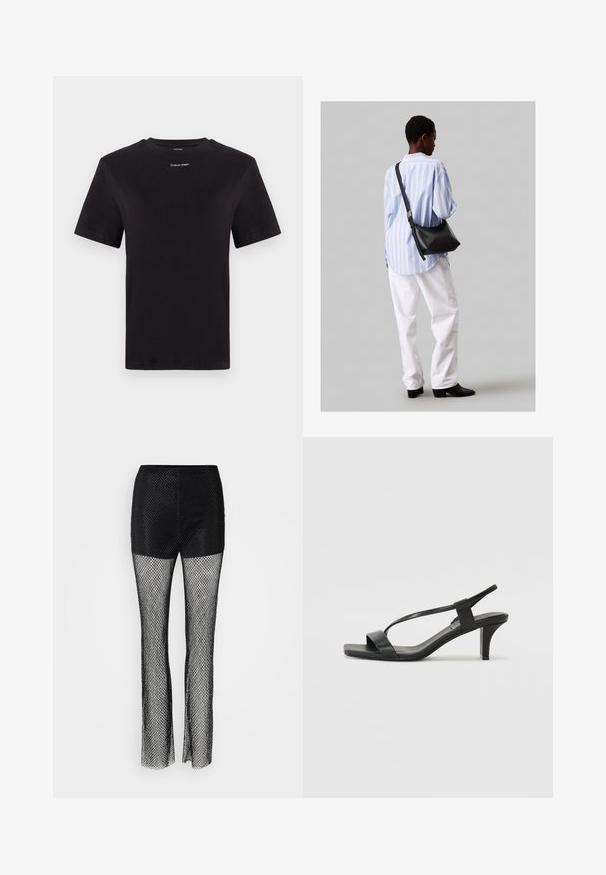 Černé bavlněné tričko s krátkými rukávy, kulatým výstřihem a malým bílým logem "Calvin Klein" na hrudi. Hladká textura, klasický střih.; Černé síťované kalhoty s pevným horním dílem, s širokým střihem a texturovaným síťovým materiálem po celé délce.; Černé sandály na podpatku s úzkým páskem, čtveratou špičkou a středně vysokým blokovým podpatkem. Vyrobeny z hladké kůže s matným povrchem.; Černá kožená kabelka přes rameno s jemnou texturou, trojúhelníkovým tvarem a nastavitelným popruhem, v kombinaci se světle modrou pruhovanou košilí a bílými kalhotami.