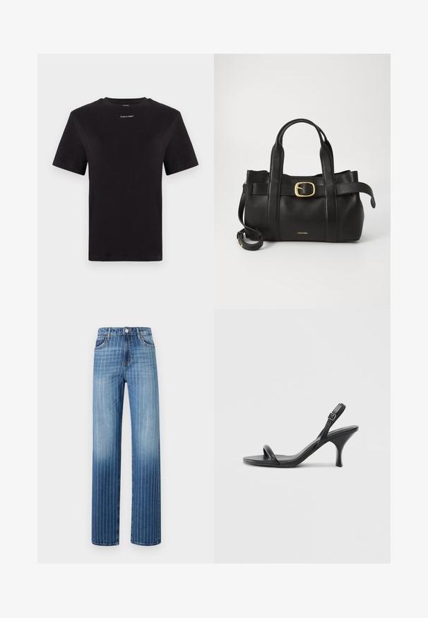 Fekete pamut póló rövid ujjakkal, kerek nyakkivágással és kis fehér "Calvin Klein" logóval a mellkasnál. Simás textúra, klasszikus fazon.; Világoskék farmernadrág, fehér függőleges csíkokkal, egyenes lábú kialakítással, öt zsebbel és gombos záródással a derékrészen.; Fekete bőrből készült, magassarkú szandál, vékony, ívelt sarokkal és keresztben átkötött pántokkal. Állítható bokapánt. Sima felület.; Fekete bőr kézitáska, amely strukturált kialakítással rendelkezik, dupla felső fogantyúval, arany tónusú csattal és a márka dombornyomott logójával az elején.