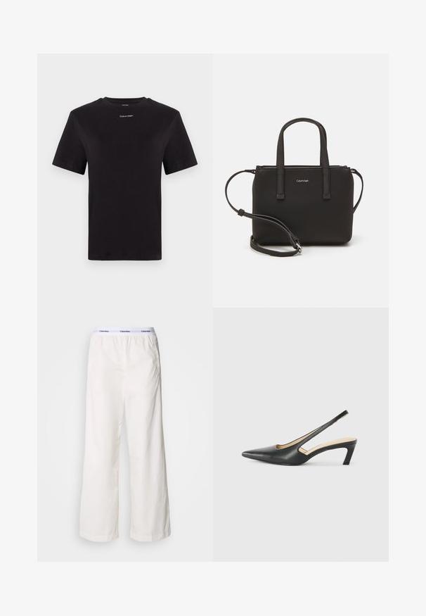 Schwarzes Baumwoll-T-Shirt mit kurzen Ärmeln, Rundhalsausschnitt und kleinem weißen "Calvin Klein"-Logo auf der Brust. Glatte Textur, klassischer Schnitt.; Weiße weite Hosen mit einem elastischen Bund, der ein kontrastierendes Calvin Klein-Logo trägt. Hergestellt aus glattem Stoff bieten sie eine lockere Passform.; Schwarzer spitz zulaufender Slingback-Schuh mit niedrigem Absatz, der aus glattem Leder gefertigt ist und seitliche Ausschnitte für Atmungsaktivität aufweist.; Schwarze Handtasche mit zwei kurzen, doppelt geflochtenen Griffen und einem abnehmbaren Schulterriemen. Glattes, lederähnliches Material mit einem Reißverschluss und Logodetail.