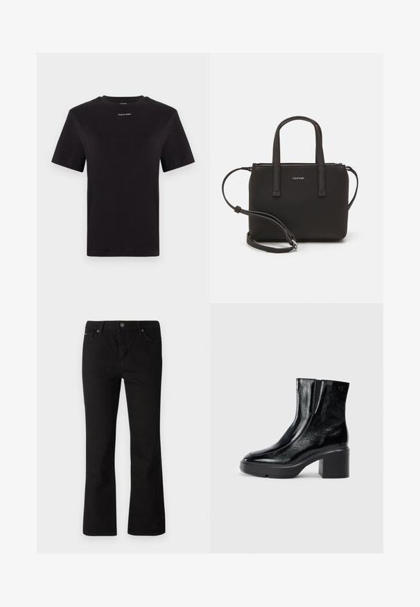 Black cotton t-shirt with short sleeves, crew neck, and small white "Calvin Klein" logo at the chest. Smooth texture, classic fit.; Black straight-leg jeans with button and zipper closure, belt loops, and front and back pockets against a white background.; Black patent leather ankle boots with a curved toe, elastic side panels, and a chunky block heel. Features embossed logo on the back.; Black handbag with dual short handles and a removable shoulder strap. Smooth leather-like material with a zip closure and logo detail.