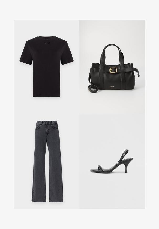 Camiseta de algodón negra con mangas cortas, cuello redondo y pequeño logo blanco de "Calvin Klein" en el pecho. Textura suave, corte clásico.; Jeans acampanados de mezclilla negra con cintura alta, que cuentan con dos bolsillos frontales y sutiles detalles de costura a lo largo de las costuras.; Sandalias de tacón alto de cuero negro con un tacón delgado y curvado y un diseño de tiras cruzadas. Correa para el tobillo ajustable. Textura suave.; Bolso de cuero negro con un diseño estructurado, doble mango superior, detalle de hebilla en tono dorado y logo de la marca grabado en la parte frontal.