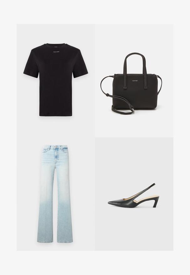 Czarny t-shirt bawełniany z krótkimi rękawami, okrągłym dekoltem i małym białym logo "Calvin Klein" na piersi. Gładka struktura, klasyczny krój.; Jasnoniebieskie dżinsy z denimu o rozszerzanej nogawce, z efektem ombre przechodzącym stopniowo oraz klasycznym zapięciem na guzik.; Czarny but na obcasie typu slingback z ostro zakończonym noskiem, z niskim obcasem, wykonany z gładkiej skóry, z wycięciem po boku dla lepszej wentylacji.; Czarna torebka z dwoma krótkimi uchwytami i odpinanym paskiem na ramię. Gładki materiał przypominający skórę, z zamkiem błyskawicznym i detalem z logo.