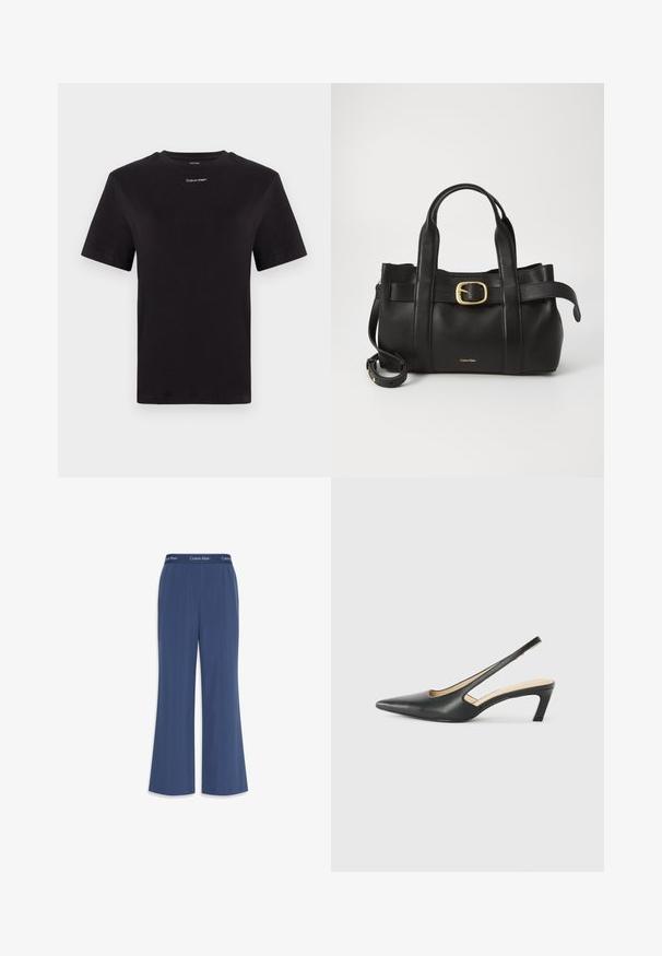 Camiseta de algodón negra con mangas cortas, cuello redondo y pequeño logo blanco de "Calvin Klein" en el pecho. Textura suave, corte clásico.; Pantalones de pierna ancha en navy, hechos de una tela suave con una textura lisa. Cuentan con una cintura elástica con el logo "Calvin Klein" a lo largo de la parte superior.; Zapato negro de punta afilada tipo slingback con un tacón bajo, que presenta un material de cuero suave y un diseño recortado en el lateral para mayor transpirabilidad.; Bolso de cuero negro con un diseño estructurado, doble mango superior, detalle de hebilla en tono dorado y logo de la marca grabado en la parte frontal.