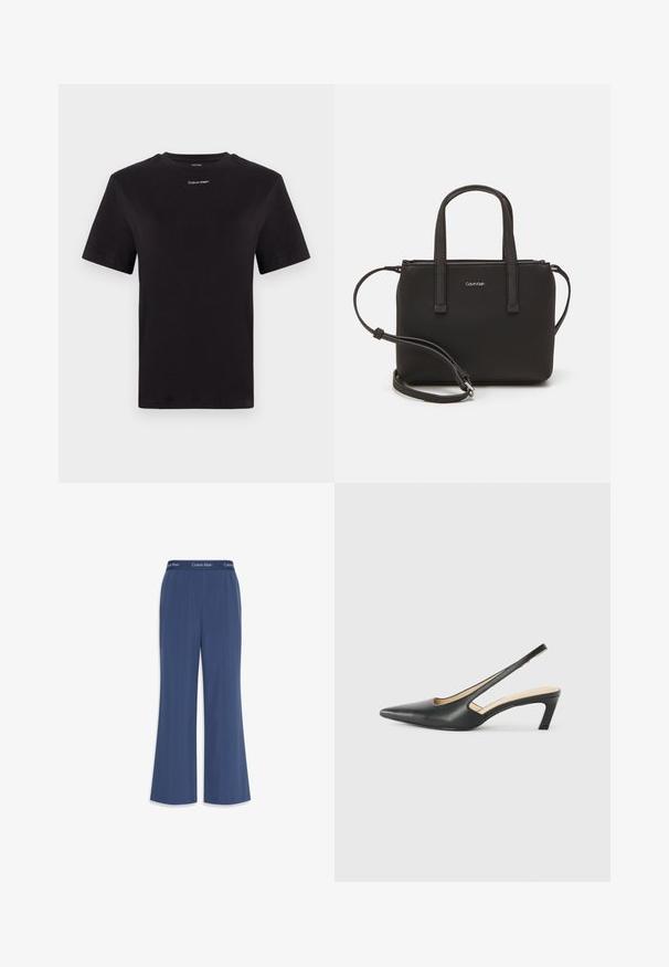 Čierne bavlnené tričko s krátkymi rukávmi, klasickým výstrihom a malým bielym logom "Calvin Klein" na hrudi. Hladká textúra, klasický strih.; Námornícky široké nohavice vyrobené z mäkkého materiálu s hladkou textúrou. Obsahujú elastický pás so značkou "Calvin Klein" pozdĺž vrchu.; Čierne slingback topánky s ostrou špičkou a nízkym opätkom, vyrobené z hladkej kože a s výrezmi na boku pre lepšiu priedušnosť.; Čierna kabelka s dvojitými krátkymi rúčkami a odnímateľným ramenným popruhom. Hladký materiál podobný koži s uzatváraním na zips a detailom loga.