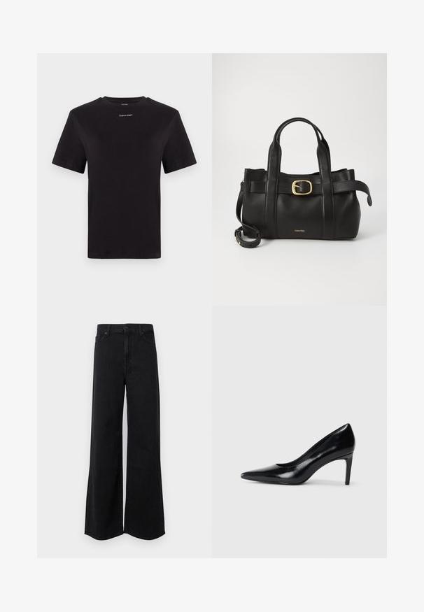Čierne bavlnené tričko s krátkymi rukávmi, klasickým výstrihom a malým bielym logom "Calvin Klein" na hrudi. Hladká textúra, klasický strih.; Široké čierne denimbové nohavice s vysokým pásom, so zapínaním na gombíky, prednými vreckami a čistým zakončením na lemoch.; Čierna kožená vysoká topánka s ihlovým podpätkom a špičatou špicou, hladkou textúrou a zúženým podpätkom. Minimalistický dizajn, bez ďalších ozdôb.; Čierna kožená kabelka s štruktúrovaným dizajnom, dvojitými hornými uchopiteľmi, zlatým prackovým akcentom a embosovaným logom značky na prednej strane.