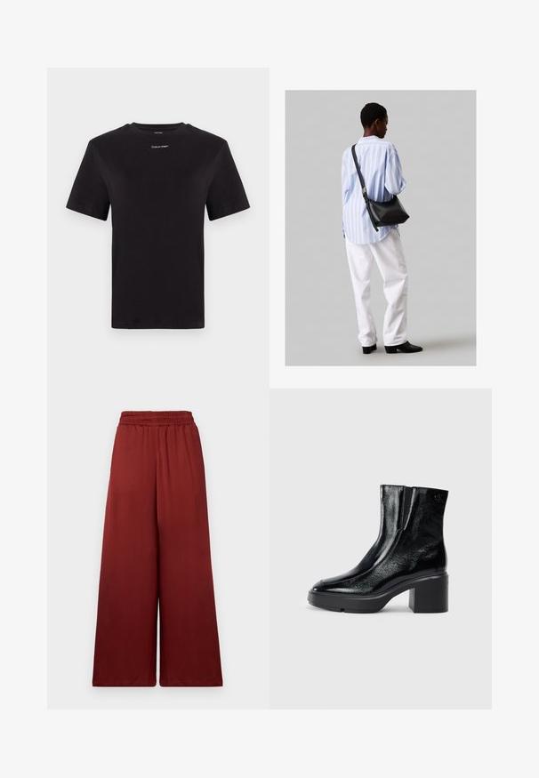 Schwarzes Baumwoll-T-Shirt mit kurzen Ärmeln, Rundhalsausschnitt und kleinem weißen "Calvin Klein"-Logo auf der Brust. Glatte Textur, klassischer Schnitt.; Weit geschnittene Hosen aus glattem Stoff in einem tiefen Bordeauxrot, mit einem elastischen Bund für Komfort und fließenden Fall.; Schwarze Lackleder-Stiefeletten mit einer geschwungenen Zehenpartie, elastischen Seiteneinsätzen und einem klobigen Blockabsatz. Mit geprägtem Logo auf der Rückseite.; Schwarze Leder-Umhängetasche mit weicher Textur, dreieckiger Form und verstellbarem Tragegurt, kombiniert mit einem hellblauen gestreiften Hemd und weißen Hosen.