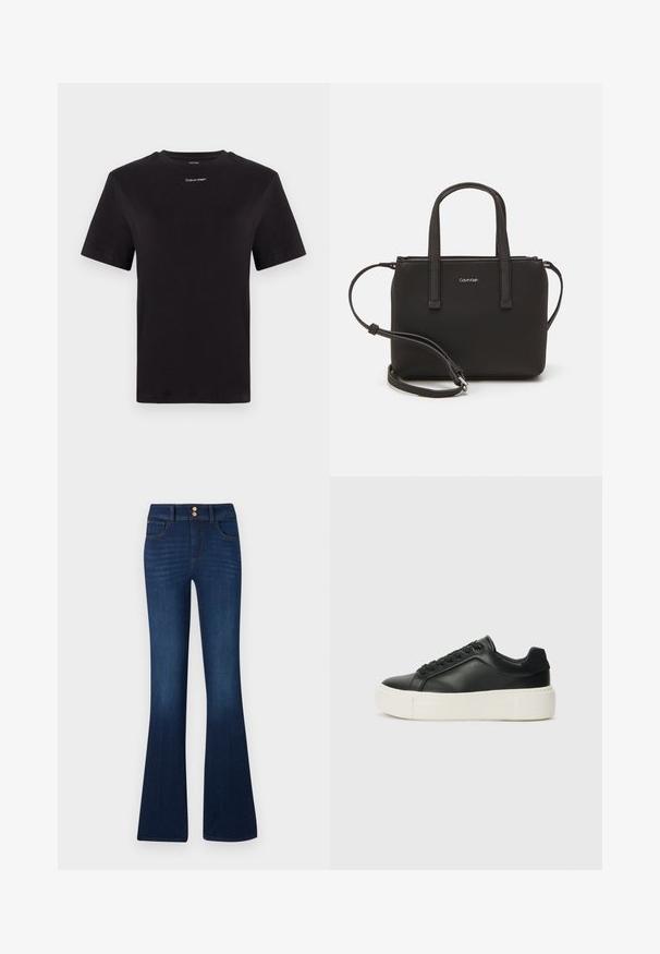 Black cotton t-shirt with short sleeves, crew neck, and small white "Calvin Klein" logo at the chest. Smooth texture, classic fit.; Denim flared jeans in dark blue, featuring a high waist, two front pockets, and two back pockets, with a smooth texture and subtle stitching detail.; Black leather sneaker with a rounded toe, white platform sole, and black laces. Features a subtle logo on the heel and smooth texture.; Black handbag with dual short handles and a removable shoulder strap. Smooth leather-like material with a zip closure and logo detail.