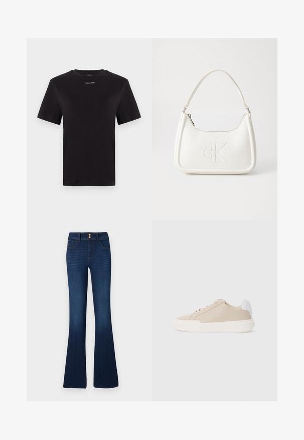 Juodas medvilninis marškinėliai trumpomis rankovėmis, apykaklė, su mažu baltu "Calvin Klein" logotipu krūtinėje. Lygus paviršius, klasikinis siluetas.; Tamsiai mėlynos džinsinės kelnes su plačiais pašalais, aukštu liemeniu, dviem priekinėmis kišenėmis ir dviem galinėmis kišenėmis, su lygaus paviršiaus tekstūra ir subtiliais siuvinėjimo akcentais.; Bežiniai odiniai sportbačiai su balta nugaros akcentu, lygiu baltu padu ir toniniais siūlais bei logotipo detalėmis šone.; Balta odinė rankinė su išlenkta forma, su reljefiniu "CK" logotipu priekyje ir viena petneša. Užtrauktuko uždarymas viršuje.