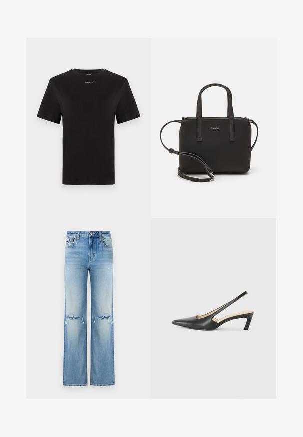 Črna bombažna majica s kratkimi rokavi, okroglim izrezom in majhnim belim logotipom "Calvin Klein" na prsih. Gladka tekstura, klasičen kroj.; Svjetloplave traperice s visokim strukom, širokim nogavicama, izrezima na koljenima i suptilnim izblijedjelim detaljima kroz cijelu tkaninu.; Črne čevlje s koničastimi nosovi in slingback obliko z nizko peto, izdelane iz gladke usnjene materiale ter s črtasto zasnovo na strani za prezračevanje.; Črna torbica z dvema kratkima ročajema in odstranljivim naramnim trakom. Gladek usnju podoben material z zadrgo in podrobnostmi z logotipom.