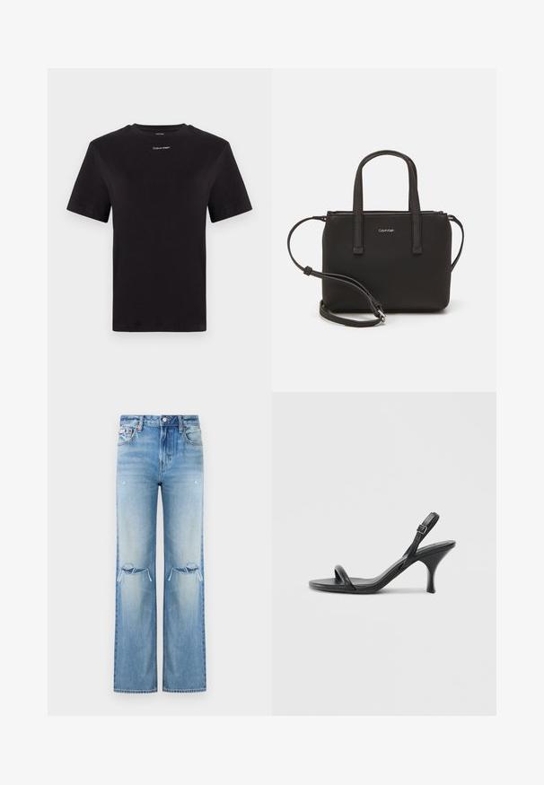 Must musta t-särk lühikeste käistega, ümberringi kaelusega ja väikese valge "Calvin Klein" logo'ga rinnal. Sile tekstuur, klassikaline lõige.; Heledad sinine teksapüksid kõrge vöökoha ja laia säärega, millel on kulumisjäljed põlvedel ja kerge tuhmunud efekt kogu kangas.; Mustad nahast kõrgete kontsadega sandaalid, millel on saledad, kõverad kontsad ja ristatud rihma disain. Reguleeritav pahkluu rihm. Sile tekstuur.; Musthave mustrans vöö ja eemaldatav õlarihm. Gludike nahk siledaga, millel on tõmblukk ja logo detail.