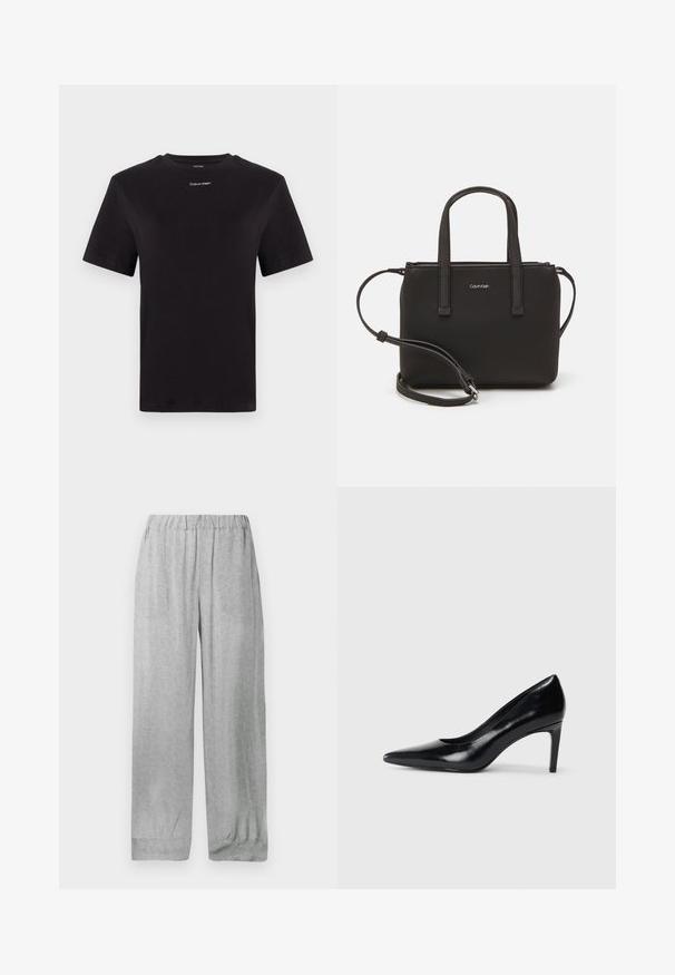 Must musta t-särk lühikeste käistega, ümberringi kaelusega ja väikese valge "Calvin Klein" logo'ga rinnal. Sile tekstuur, klassikaline lõige.; Helehallid elastse vöökohaga püksid peene valge lillemustriga üle kogu pinna, sirge ja lai lõige ning pööratud sääreotstega.; Mustmust musta kõrge kontsaga king, millel on terav varvas, sile tekstuur ja kitsenev konts. Minimalistlik disain, ilma täiendavate kaunistusteta.; Musthave mustrans vöö ja eemaldatav õlarihm. Gludike nahk siledaga, millel on tõmblukk ja logo detail.