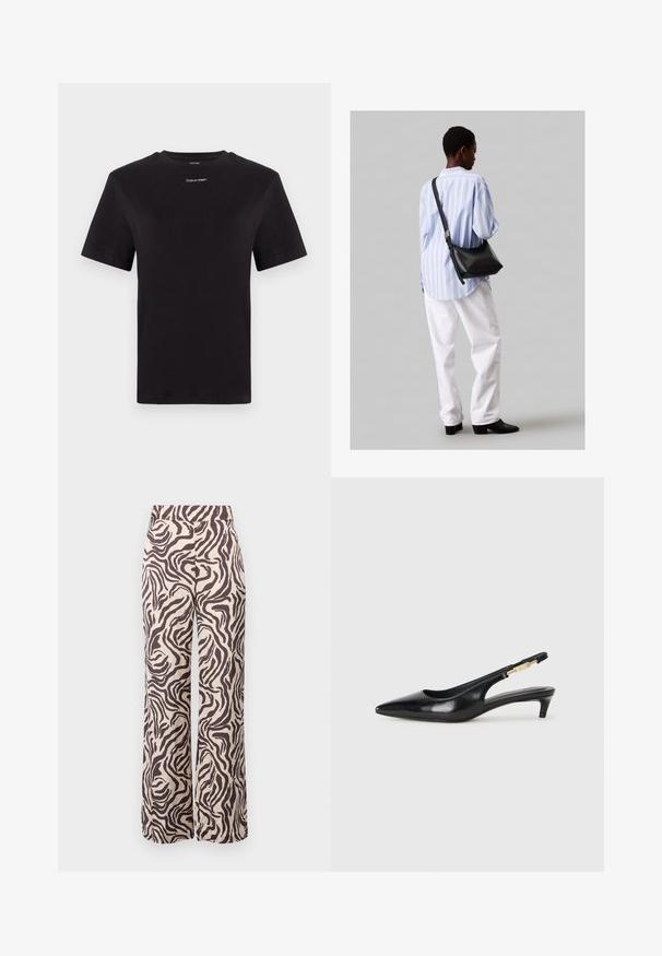 Black cotton t-shirt with short sleeves, crew neck, and small white "Calvin Klein" logo at the chest. Smooth texture, classic fit.; Wide-leg trousers made of lightweight fabric featuring a beige background with brown zebra stripes and a flat waistband.; Black leather slingback heels with a pointed toe, featuring a slim heel and a gold-tone accent on the adjustable strap. Smooth texture.; Black leather shoulder bag with a soft texture, triangular shape, and adjustable strap, paired with a light blue striped shirt and white pants.