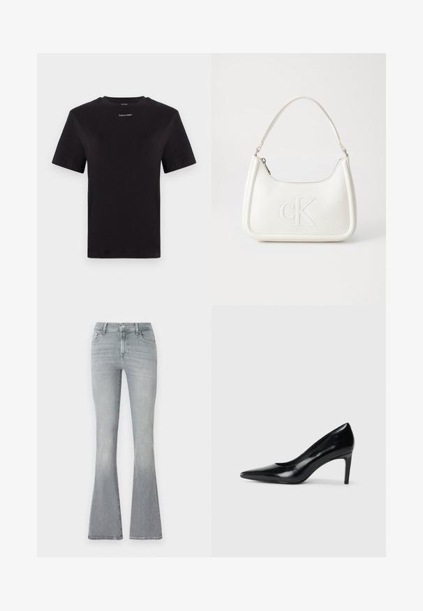 Tricou negru din bumbac, cu mâneci scurte, gât rotund și un mic logo alb "Calvin Klein" pe piept. Textură netedă, croială clasică.; Jeans flared din denim gri deschis. Tăietură înaltă, cu o ușoară decolorare de la vârf până la tiv. Design clasic cu cinci buzunare și închidere cu nasture metalic.; Pantof de damă din piele neagră, cu toc înalt, vârf ascuțit, textură fină și toc conic. Design minimalist, fără embellishments suplimentare.; Geantă de umăr din piele albă cu formă curbată, având un logo "CK" embosat pe partea din față și un singur braț de umăr. Închidere cu fermoar în partea de sus.