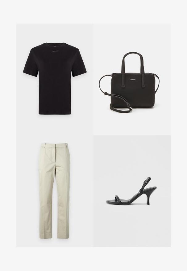 Schwarzes Baumwoll-T-Shirt mit kurzen Ärmeln, Rundhalsausschnitt und kleinem weißen "Calvin Klein"-Logo auf der Brust. Glatte Textur, klassischer Schnitt.; Beige Baumwollhosen mit geraden Beinen, mittlerem Bundfalten und Gürtelschlaufen. Verfügt über zwei Seitentaschen und ein sauberes, maßgeschneidertes Finish.; Schwarze Leder-Sandalen mit hohen Absätzen, schlankem, gebogenem Absatz und gekreuztem Riemendesign. Verstellbarer Knöchelriemen. Glatte Textur.; Schwarze Handtasche mit zwei kurzen, doppelt geflochtenen Griffen und einem abnehmbaren Schulterriemen. Glattes, lederähnliches Material mit einem Reißverschluss und Logodetail.