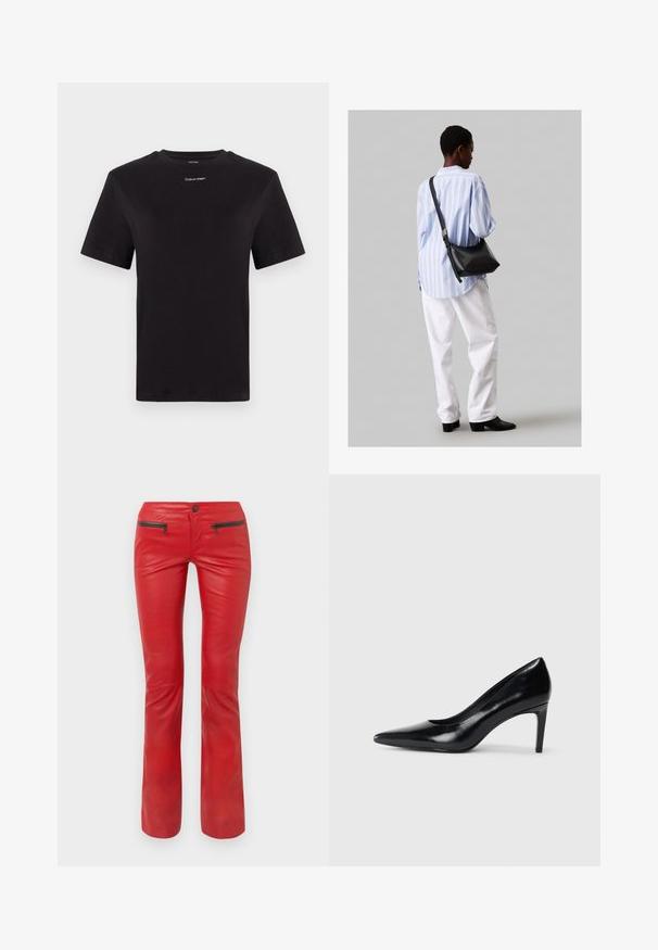 Must musta t-särk lühikeste käistega, ümberringi kaelusega ja väikese valge "Calvin Klein" logo'ga rinnal. Sile tekstuur, klassikaline lõige.; Punased nahkpüksid tekstureeritud viimistlusega, millel on kaks lukuga esikotid ja sobiv disain, mis laieneb veidi pahkluu juures.; Mustmust musta kõrge kontsaga king, millel on terav varvas, sile tekstuur ja kitsenev konts. Minimalistlik disain, ilma täiendavate kaunistusteta.; Must have mustras alasi nahkpatsi, pehme tekstuuriga, kolmnurkse kujuga ja reguleeritava rihmaga, koos helesinise triibulise särgi ja valgete pükstega.