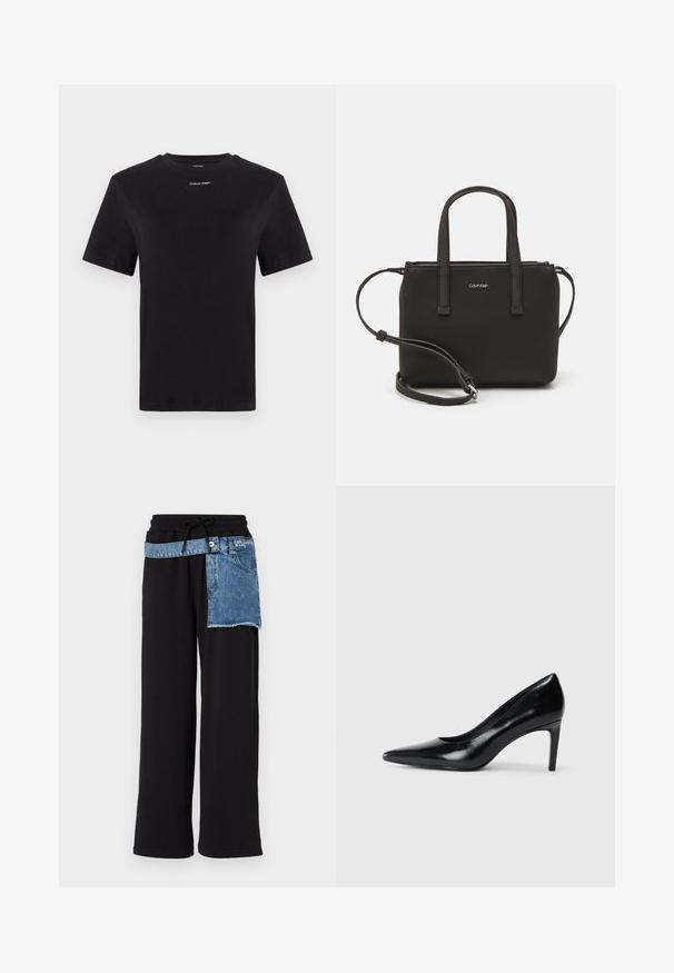 Črna bombažna majica s kratkimi rokavi, okroglim izrezom in majhnim belim logotipom "Calvin Klein" na prsih. Gladka tekstura, klasičen kroj.; Karl Lagerfeld Jeans RELAXED MIXED PANT - Spodnji deli trenirk - black denim; Črna usnjena črna čevlja na visokem petu z zašiljenim prstom, gladko teksturo in zoženim peto. Minimalističen dizajn, brez dodatnih okraskov.; Črna torbica z dvema kratkima ročajema in odstranljivim naramnim trakom. Gladek usnju podoben material z zadrgo in podrobnostmi z logotipom.