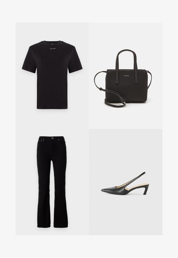 Črna bombažna majica s kratkimi rokavi, okroglim izrezom in majhnim belim logotipom "Calvin Klein" na prsih. Gladka tekstura, klasičen kroj.; Črne široke kavbojke iz trdnega bombažnega blaga. Imajo visok pas, sprednje žepe in srebrno kovinsko opremo na gumbu in žepih.; Črne čevlje s koničastimi nosovi in slingback obliko z nizko peto, izdelane iz gladke usnjene materiale ter s črtasto zasnovo na strani za prezračevanje.; Črna torbica z dvema kratkima ročajema in odstranljivim naramnim trakom. Gladek usnju podoben material z zadrgo in podrobnostmi z logotipom.