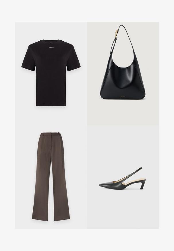 Black cotton t-shirt with short sleeves, crew neck, and small white "Calvin Klein" logo at the chest. Smooth texture, classic fit.; Wide-leg trousers in a solid brown fabric, featuring a smooth texture, belt loops, front crease, and no visible pockets.; Black pointy-toed slingback shoe with a low heel, featuring smooth leather material and cut-out design on the side for breathability.; Black leather shoulder bag with a smooth texture, curved silhouette, and a gold hardware accent. Features embossed brand logo at the base.