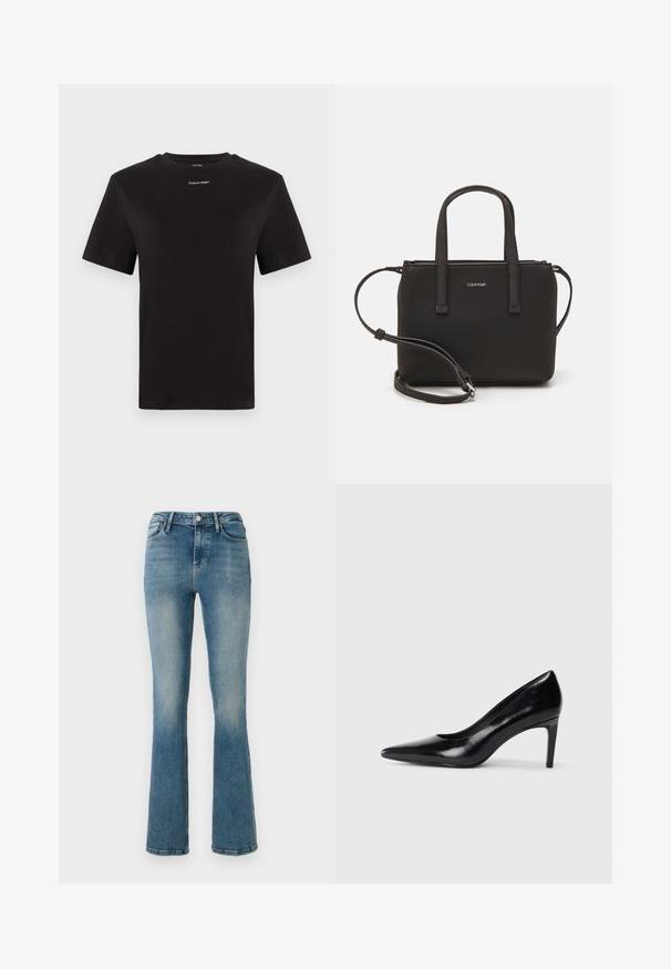 Črna bombažna majica s kratkimi rokavi, okroglim izrezom in majhnim belim logotipom "Calvin Klein" na prsih. Gladka tekstura, klasičen kroj.; Svijetloplave traperice s širokim nogavicama, pet džepova, visokim strukom i detaljima šivanja. Tkanina pokazuje blago izblijedjeli izgled i glatku teksturu.; Črna usnjena črna čevlja na visokem petu z zašiljenim prstom, gladko teksturo in zoženim peto. Minimalističen dizajn, brez dodatnih okraskov.; Črna torbica z dvema kratkima ročajema in odstranljivim naramnim trakom. Gladek usnju podoben material z zadrgo in podrobnostmi z logotipom.
