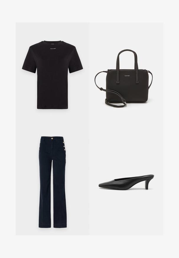 Sort bomulds t-shirt med korte ærmer, rund halsudskæring og lille hvid "Calvin Klein" logo på brystet. Glat tekstur, klassisk pasform.; Guess NEW - Flared jeans - suiting blue; Sorte læder mules med spids tå og lav stiletto hæl. Glat tekstur, minimalistisk design og åben bagdel for nem påtagning.; Sort håndtaske med to korte håndtag og en aftagelig skulderrem. Glat læderagtigt materiale med lynlåslukning og logo detaljer.