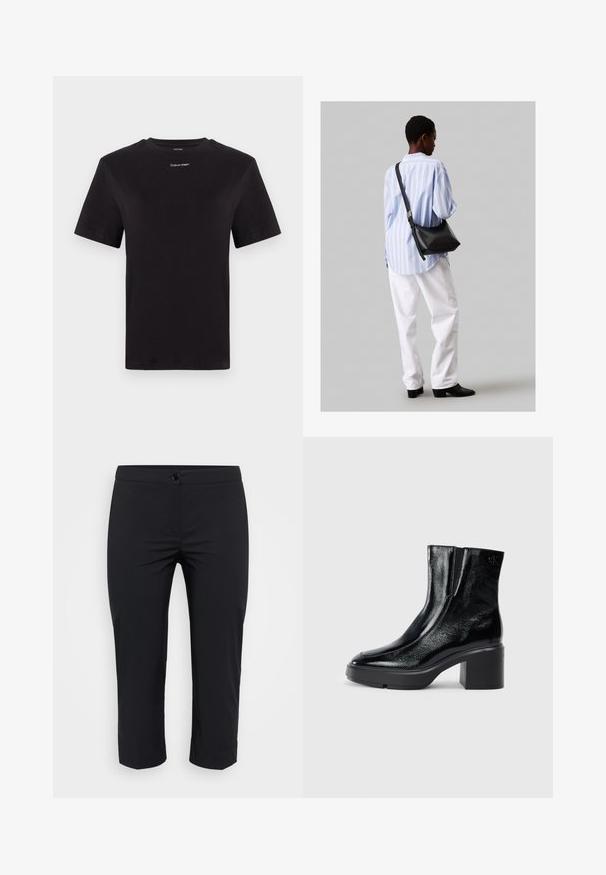 Μαύρη βαμβακερή μπλούζα με κοντά μανίκια, στρογγυλή λαιμόκοψη και λευκό μικρό λογότυπο "Calvin Klein" στο στήθος. Λείο ύφασμα, κλασική γραμμή.; Μαύροι κοντοί παντελόνες φτιαγμένες από ελαφρύ ύφασμα με λεία υφή. Διαθέτουν κούμπωμα με κουμπί και σχέδιο ίσιας γραμμής.; Μαύρες πατενταρισμένες δερμάτινες μπότες στον αστράγαλο με καμπυλωτή μύτη, ελαστικές πλαϊνές πινακίδες και χοντρό μπλοκ τακούνι. Διαθέτουν ανάγλυφο λογότυπο στο πίσω μέρος.; Μαύρη δερμάτινη τσάντα ώμου με απαλή υφή, τριγωνικό σχήμα και ρυθμιζόμενο λουρί, συνδυασμένη με ένα ανοιχτό μπλε ριγέ πουκάμισο και λευκό παντελόνι.