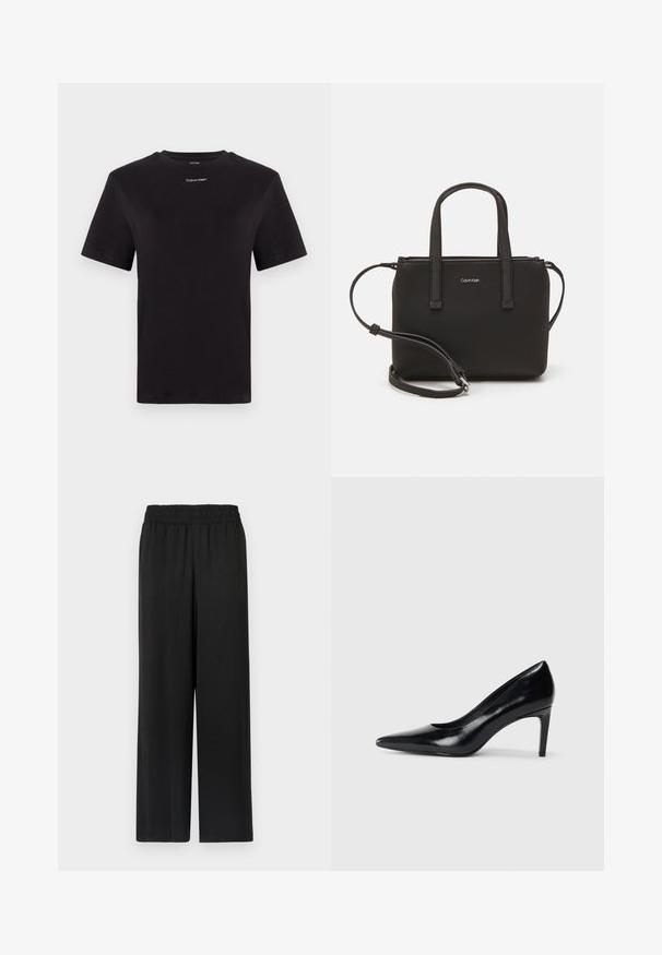 Sort bomulds t-shirt med korte ærmer, rund halsudskæring og lille hvid "Calvin Klein" logo på brystet. Glat tekstur, klassisk pasform.; Sorte brede bukser med elastisk talje, lavet af et glat, let stof. Har en lige pasform og ingen synlige mønstre.; Sort læder højhælede sko med spids tå, glat tekstur og en taperet hæl. Minimalistisk design uden yderligere udsmykninger.; Sort håndtaske med to korte håndtag og en aftagelig skulderrem. Glat læderagtigt materiale med lynlåslukning og logo detaljer.