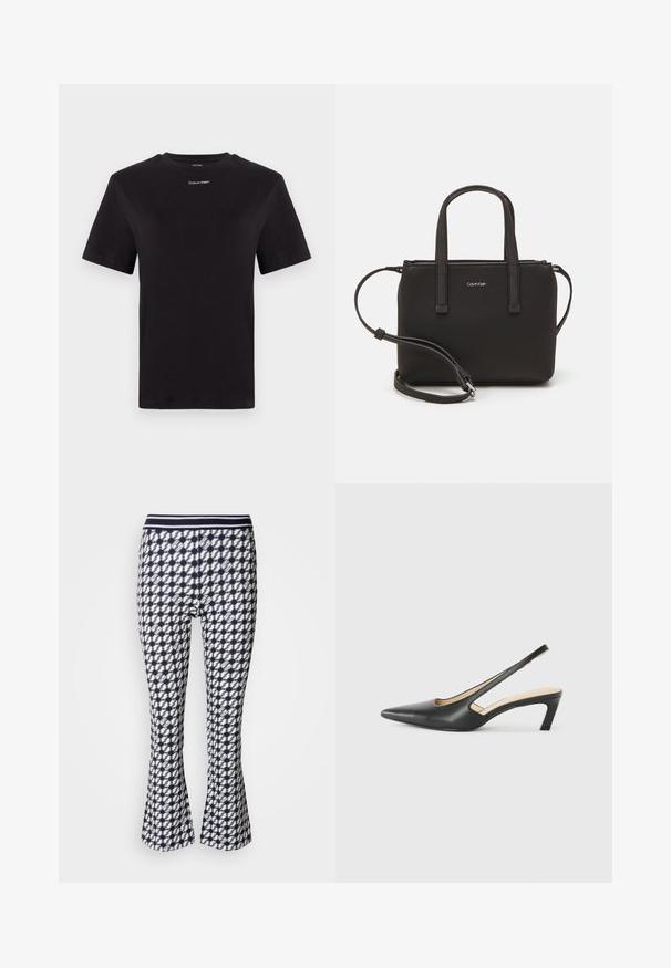 Zwarte katoenen t-shirt met korte mouwen, ronde hals en klein wit "Calvin Klein" logo op de borst. Gladde textuur, klassieke pasvorm.; Uitlopende leggings met een marineblauw en wit geometrisch patroon. Ze hebben een aansluitende pasvorm en een elastische tailleband.; Zwarte puntige slingback schoen met een lage hak, gemaakt van soepel leer en voorzien van een uitsnede aan de zijkant voor ventilatie.; Zwarte handtas met dubbele korte handvatten en een afneembare schouderriem. Glad, leerachtig materiaal met een ritssluiting en logo-detail.