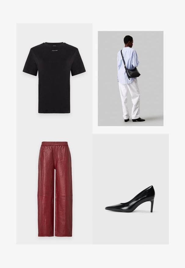 Sort bomulds t-shirt med korte ærmer, rund halsudskæring og lille hvid "Calvin Klein" logo på brystet. Glat tekstur, klassisk pasform.; Røde læder bukser med bred benåbning, elastisk talje og glat tekstur. Har synlige sømme og en afslappet pasform.; Sort læder højhælede sko med spids tå, glat tekstur og en taperet hæl. Minimalistisk design uden yderligere udsmykninger.; Sort læder skuldertaske med en blød tekstur, trekantet form og justerbar strop, kombineret med en lyseblå stribet skjorte og hvide bukser.