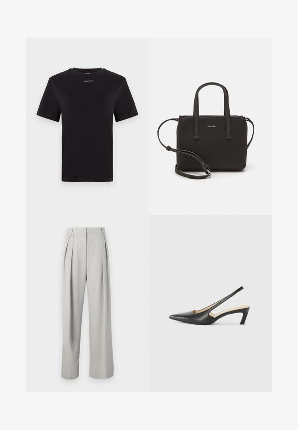 Crna pamučna majica s kratkim rukavima, okruglim izrezom i malim bijelim logom "Calvin Klein" na prsima. Glatka tekstura, klasičan kroj.; Svijetlo sivi plisirani hlače s visokim strukom, širokim nogavicama, glatkom teksturom i bez vidljivih metalnih dijelova ili uzoraka.; Crne cipele s izduženim vrhom i remenom oko pete, s niskom petom, izrađene od glatke kože i s izrezbarenom stranom radi prozračnosti.; Crna torba s dva kratka ručka i uklonjivom naramenicom. Glatki materijal nalik koži s zatvaračem na zatvaranje i detaljem s logom.